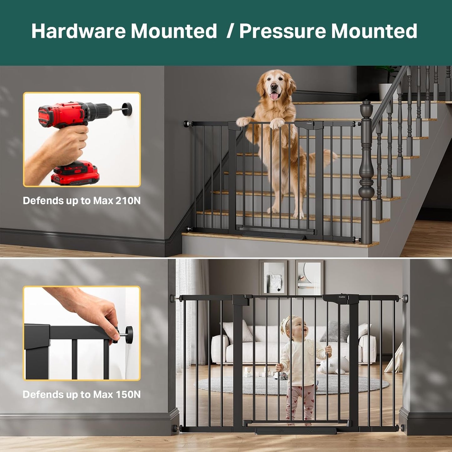 29.7-51.5 in Extra Wide Baby Gate for Stairs, Dog Gate Indoor Black
