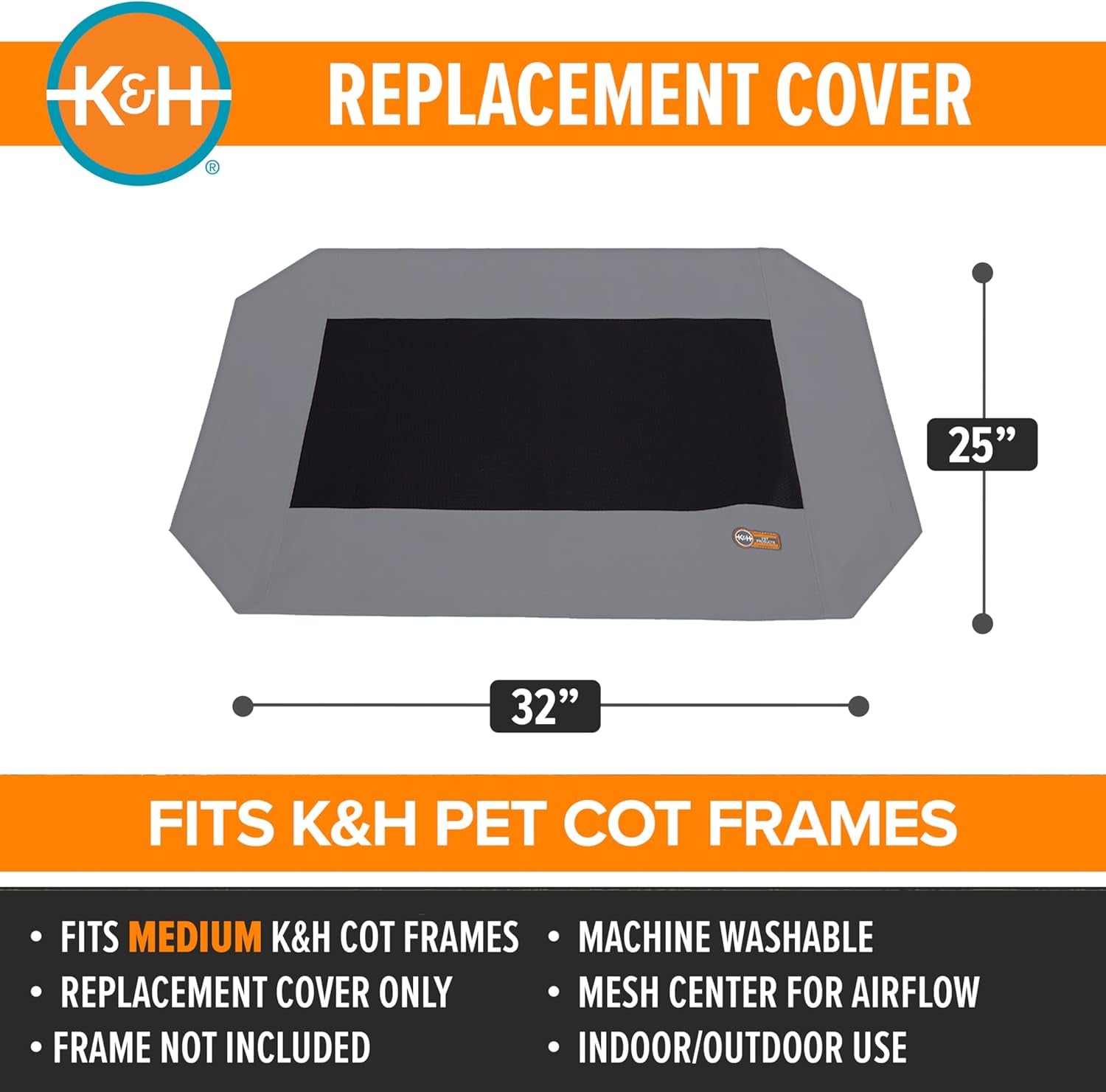 K&H Outdoor Elevated Dog Bed Pet Cot Replacement Cover, Medium 32X25In