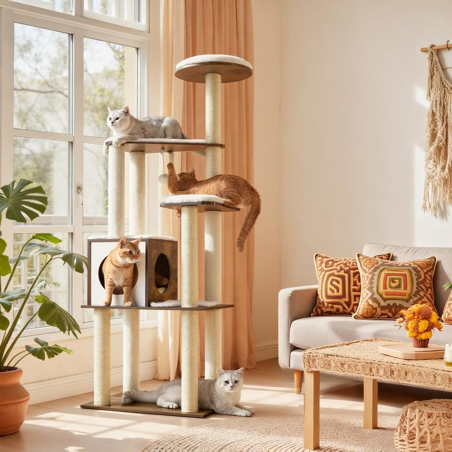 Cat Tree, 64.6-Inch Multi-Level Tower with 5 Scratching Posts