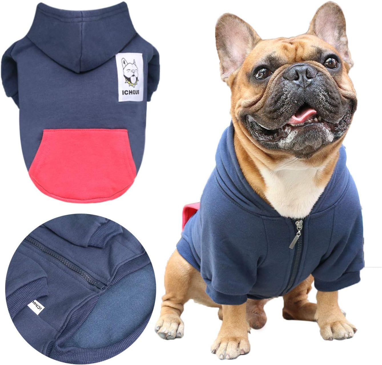 French Bulldog Pug Zipper Pocket Hoodies Clothes Navy Blue - Medium