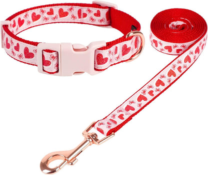 Valentine'S Day Dog Collar and Leash Set, Adjustable Pink Dog Collar with Sparkly Red Hearts Matching Leash Valentines Day Gifts for Large Dogs