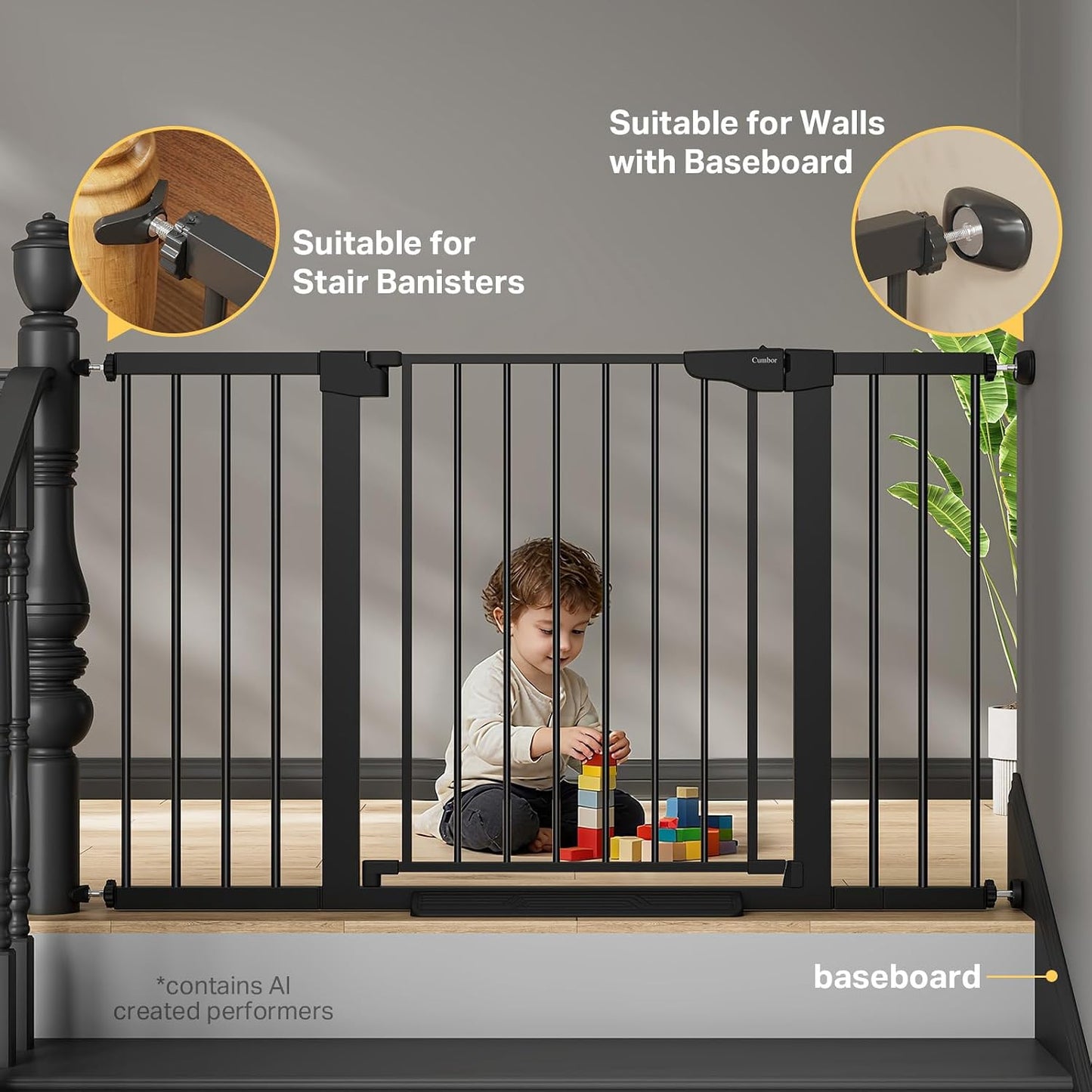 29.7-51.5 in Extra Wide Baby Gate for Stairs, Dog Gate Indoor Black