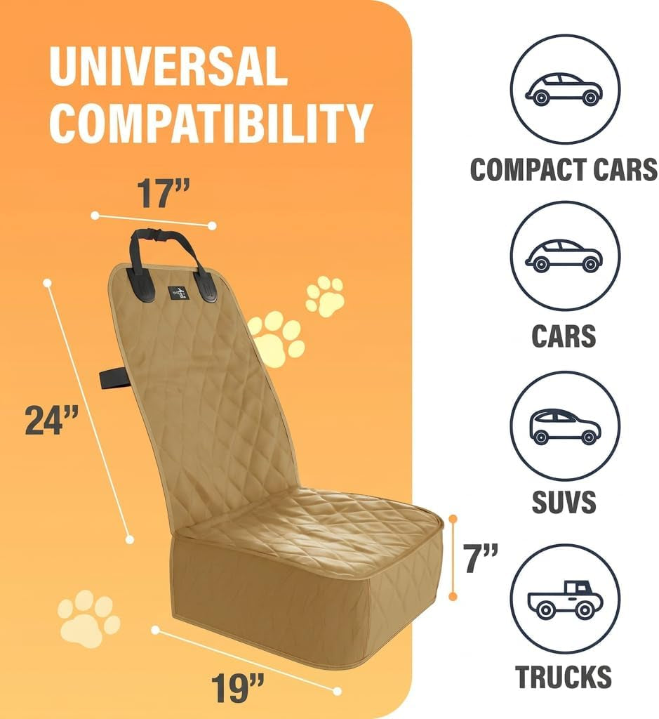 Dog Car Seat Cover, Waterproof Front Seat Protector for SUV Truck Sedan, Pet Safety Travel Comfort System with Universal Fit, Beige
