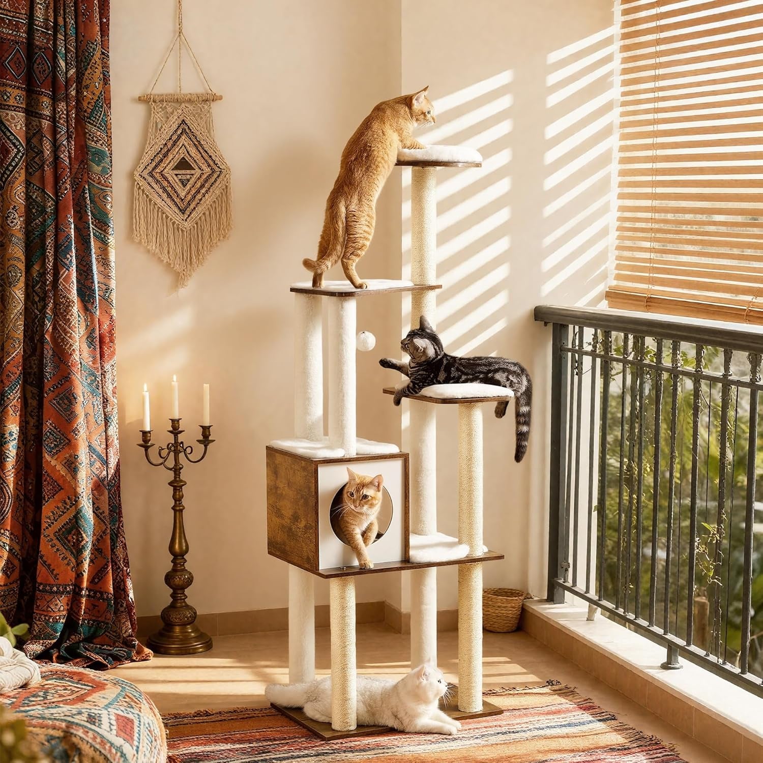 Cat Tree, 64.6-Inch Multi-Level Tower with 5 Scratching Posts