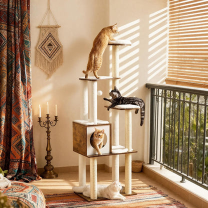 Cat Tree, 64.6-Inch Multi-Level Tower with 5 Scratching Posts