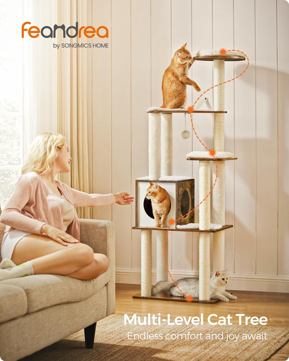 Cat Tree, 64.6-Inch Multi-Level Tower with 5 Scratching Posts