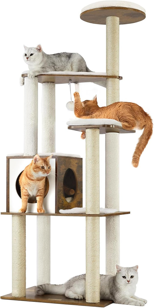 Cat Tree, 64.6-Inch Multi-Level Tower with 5 Scratching Posts
