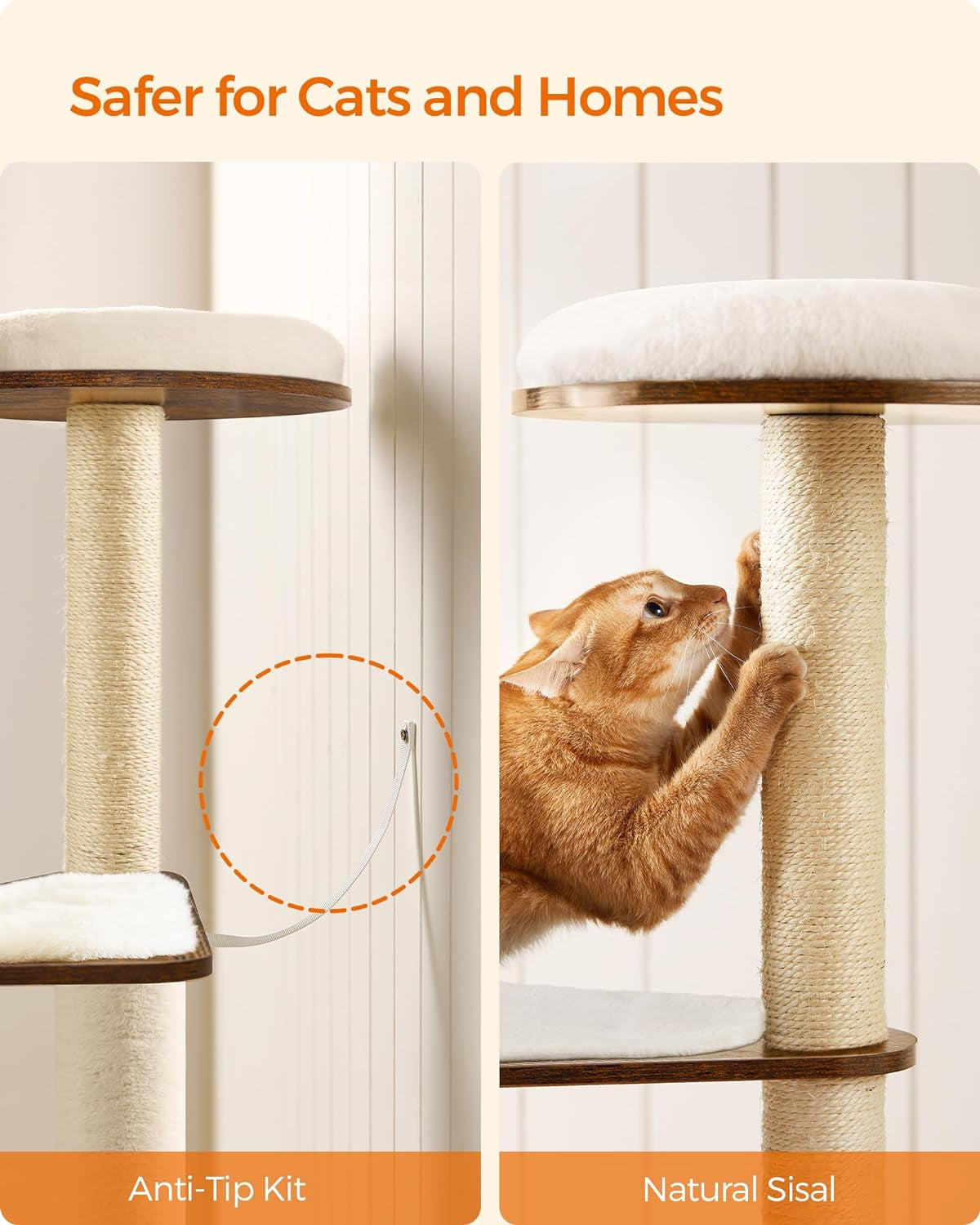 Cat Tree, 64.6-Inch Multi-Level Tower with 5 Scratching Posts