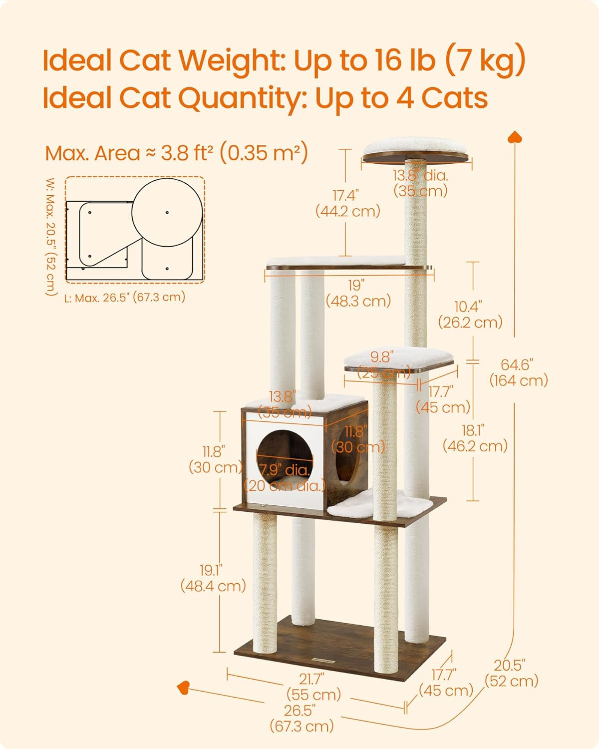 Cat Tree, 64.6-Inch Multi-Level Tower with 5 Scratching Posts