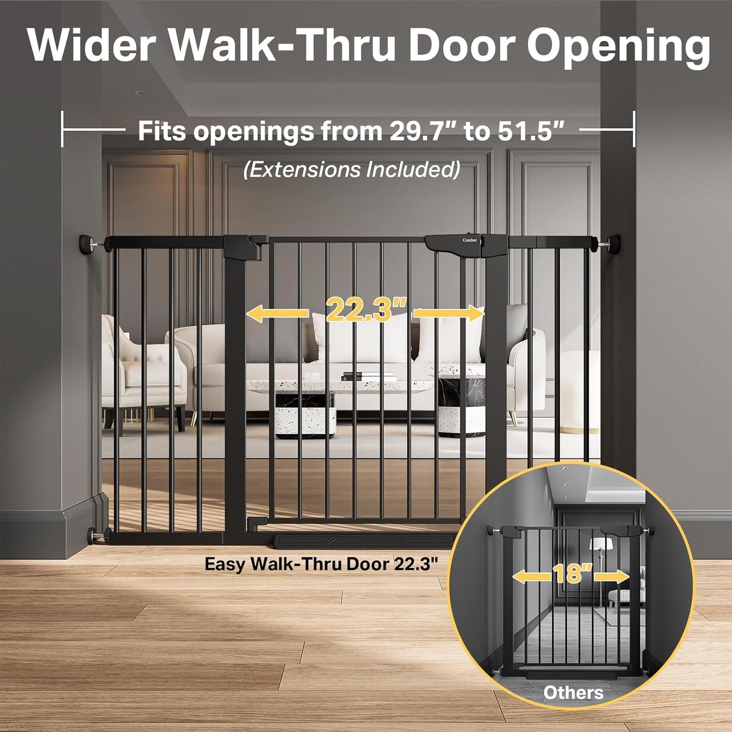29.7-51.5 in Extra Wide Baby Gate for Stairs, Dog Gate Indoor Black