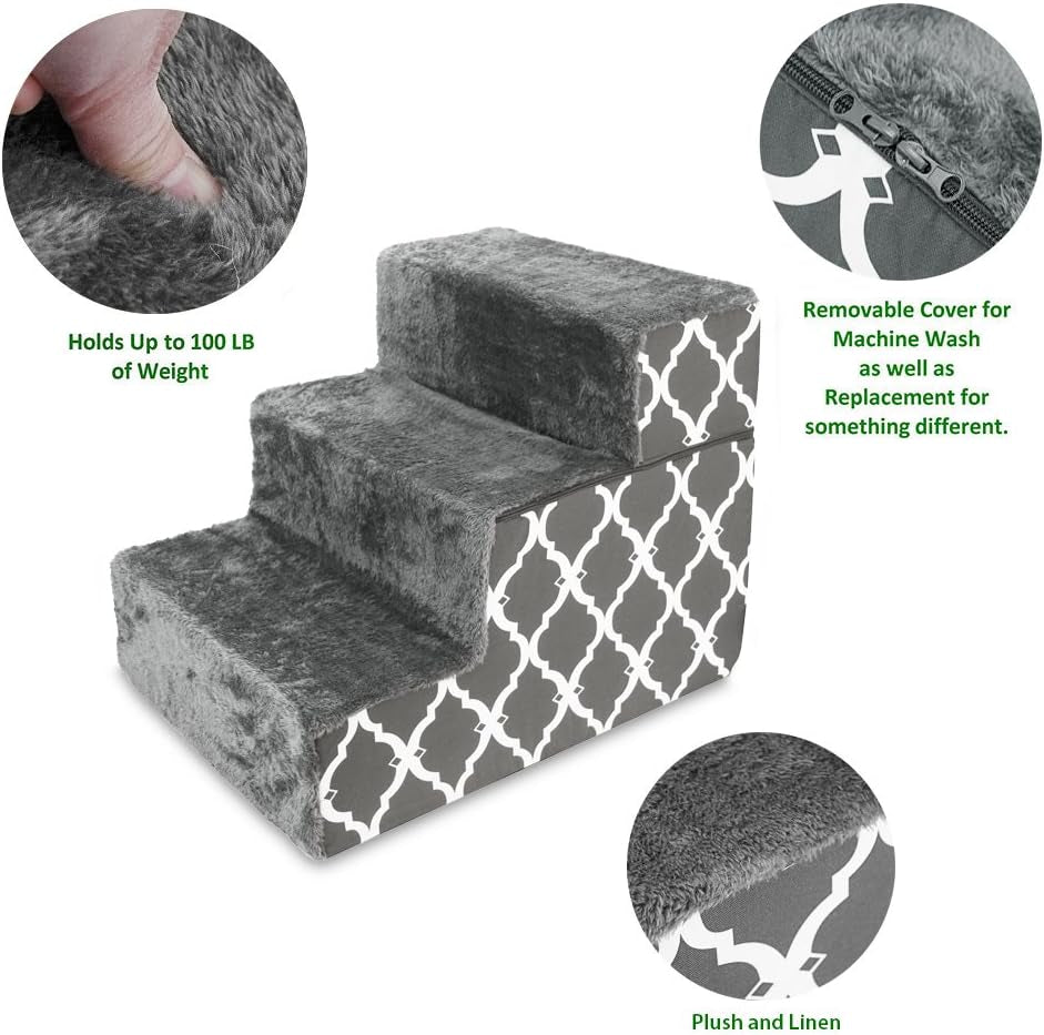 Dog Stairs & Steps - Foam Steps for Small Dogs & Cats, Non-Slip Indoor Balanced Pet Step Support, Dog Ramp, No Assembly, Foldable Stair, 3-Step