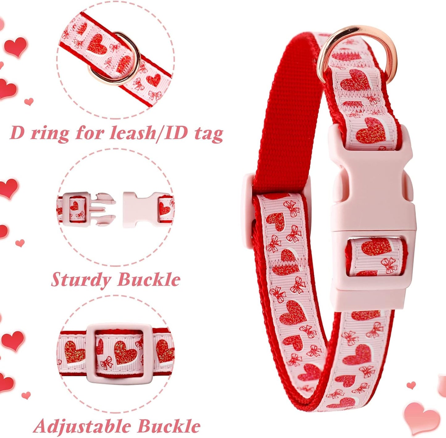 Valentine'S Day Dog Collar and Leash Set, Adjustable Pink Dog Collar with Sparkly Red Hearts Matching Leash Valentines Day Gifts for Large Dogs