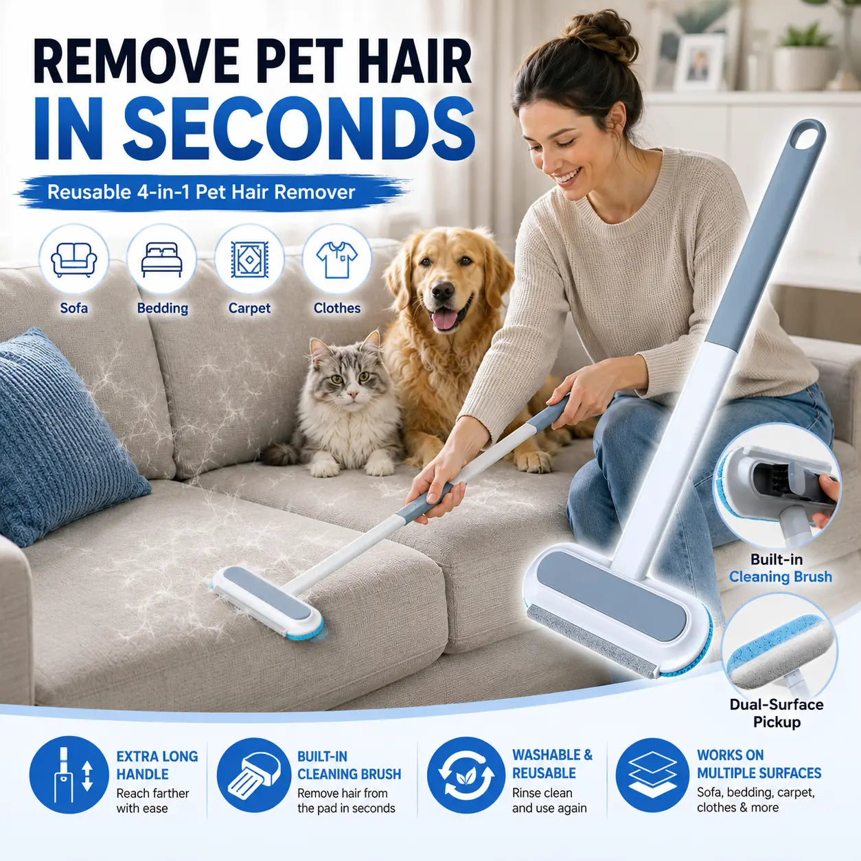 Enhanced Pet Hair Removal Tool for Dogs and Cats, Reusable Lint Brush with Adjustable Long Handle, Portable Fur Remover for Furniture, Carpets, Bedding, Clothes, and Car Seats, Washable Multi-Surface Cleaner, 4-in-1 Design