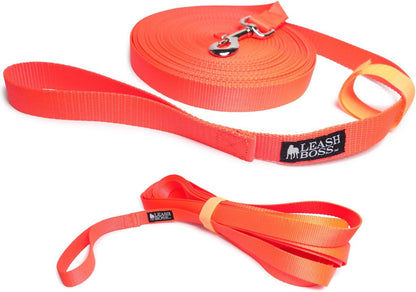 Long Trainer - 1 Inch Nylon Long Dog Training Leash with Storage Strap (50 Ft, Orange)