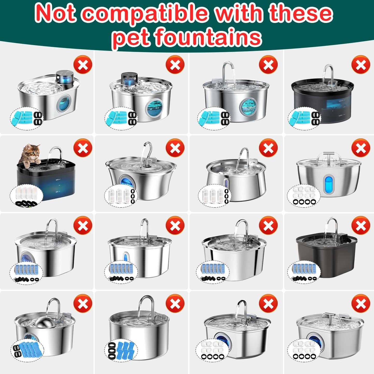 Cat Water Fountain Filter 16Pcs Fit 101Oz/3L Stainless Steel Pet Fountain