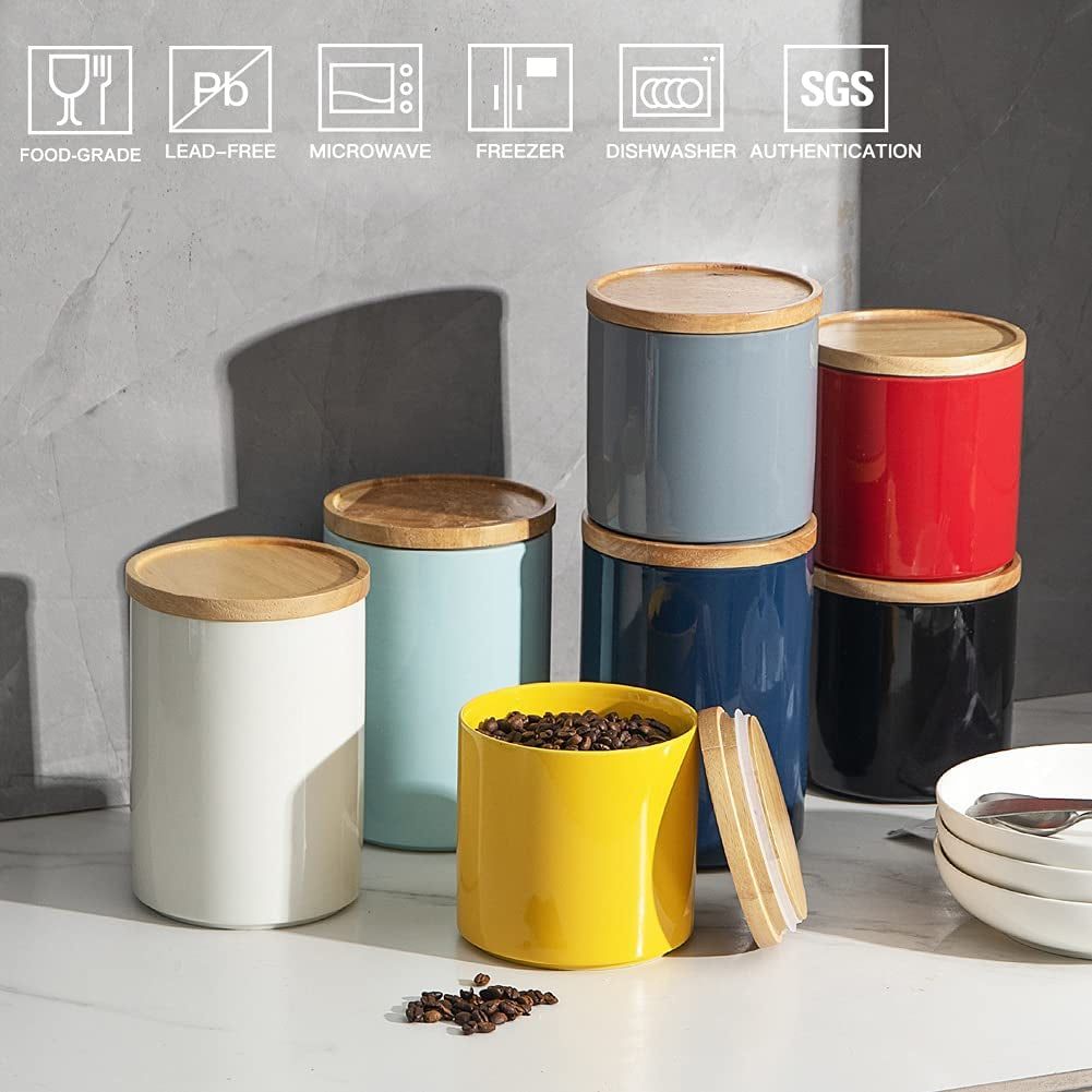 Sweejar Kitchen Canisters Ceramic Food Storage Jar, Stackable Containers with Airtight Seal Wooden Lid for Serving Coffee Bean, Flour, Tea, Cookies and More - 58 Fl Oz(Navy)