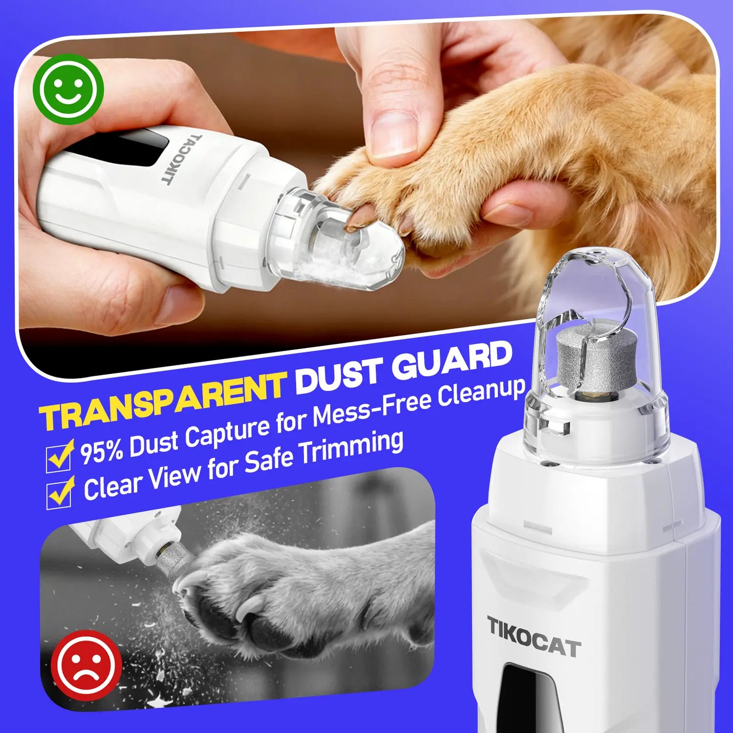 TIKOCAT Pet Nail Grinder,Ultra Quiet Electric Grooming Tool with 4 LED Lights, Safe & Stress-Free for Sensitive Dogs Cats of All Breeds & Sizes, 3 Grinding Bits, 6-Speed,Pet Nail Trimmers, Rechargeable Painless Grooming Trimmer with Dust Cup Sohochic