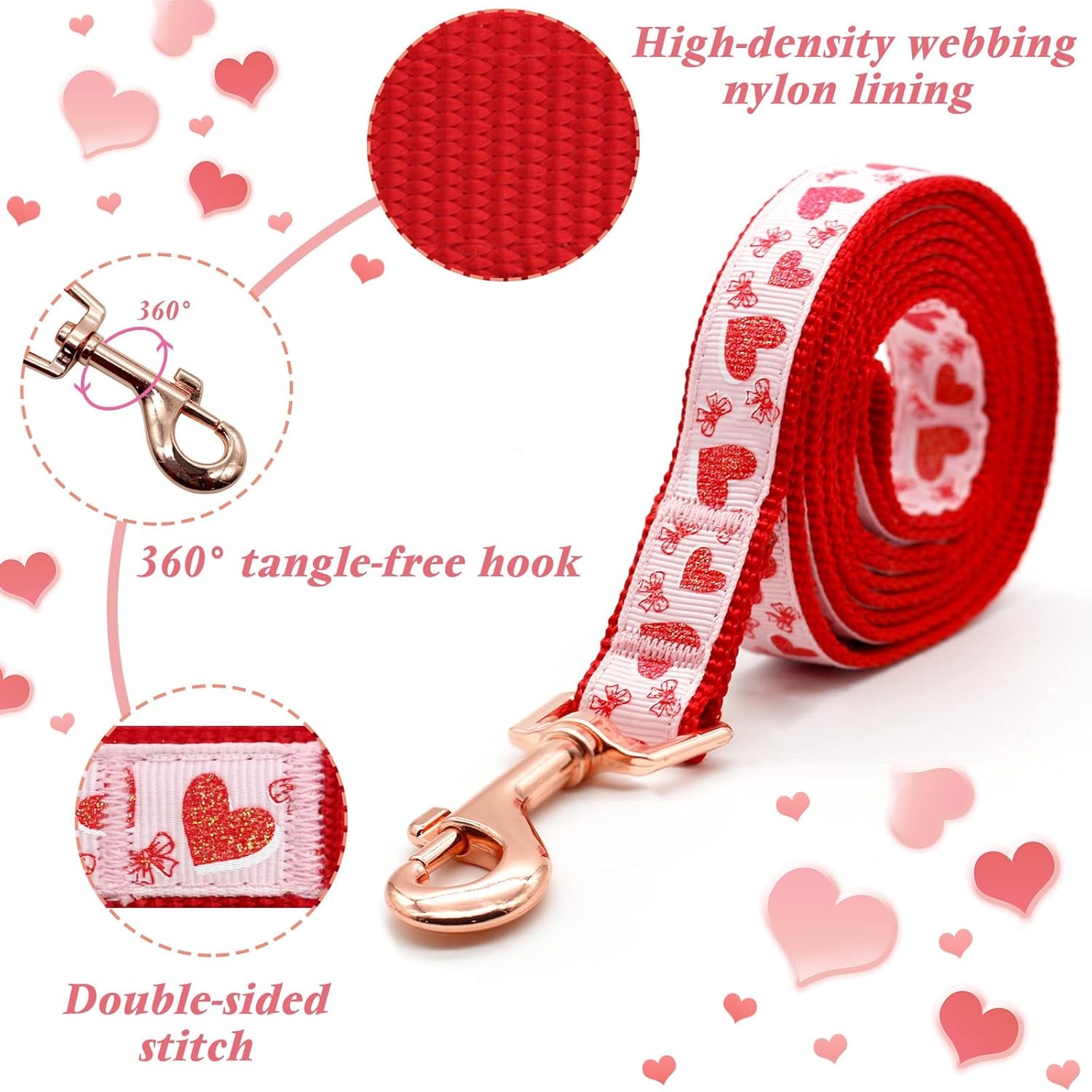 Valentine'S Day Dog Collar and Leash Set, Adjustable Pink Dog Collar with Sparkly Red Hearts Matching Leash Valentines Day Gifts for Large Dogs