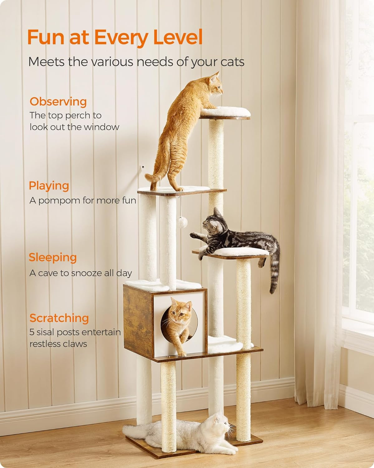 Cat Tree, 64.6-Inch Multi-Level Tower with 5 Scratching Posts