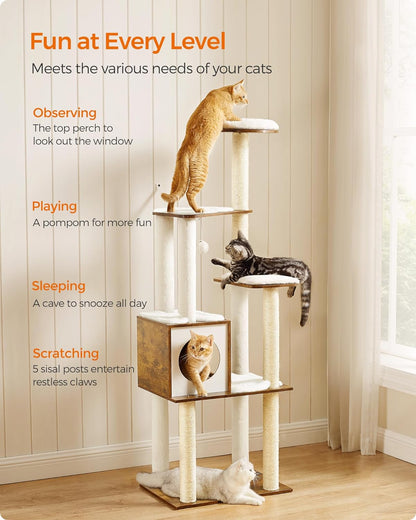 Cat Tree, 64.6-Inch Multi-Level Tower with 5 Scratching Posts