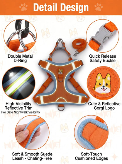 Adjustable 2-Pack Pet Harness and Leash Set, Soft Suede Vest, Durable Reflective Design, Tangle-Free Leash for Effortless Walking, Perfect for Daily Use and Nighttime Activities