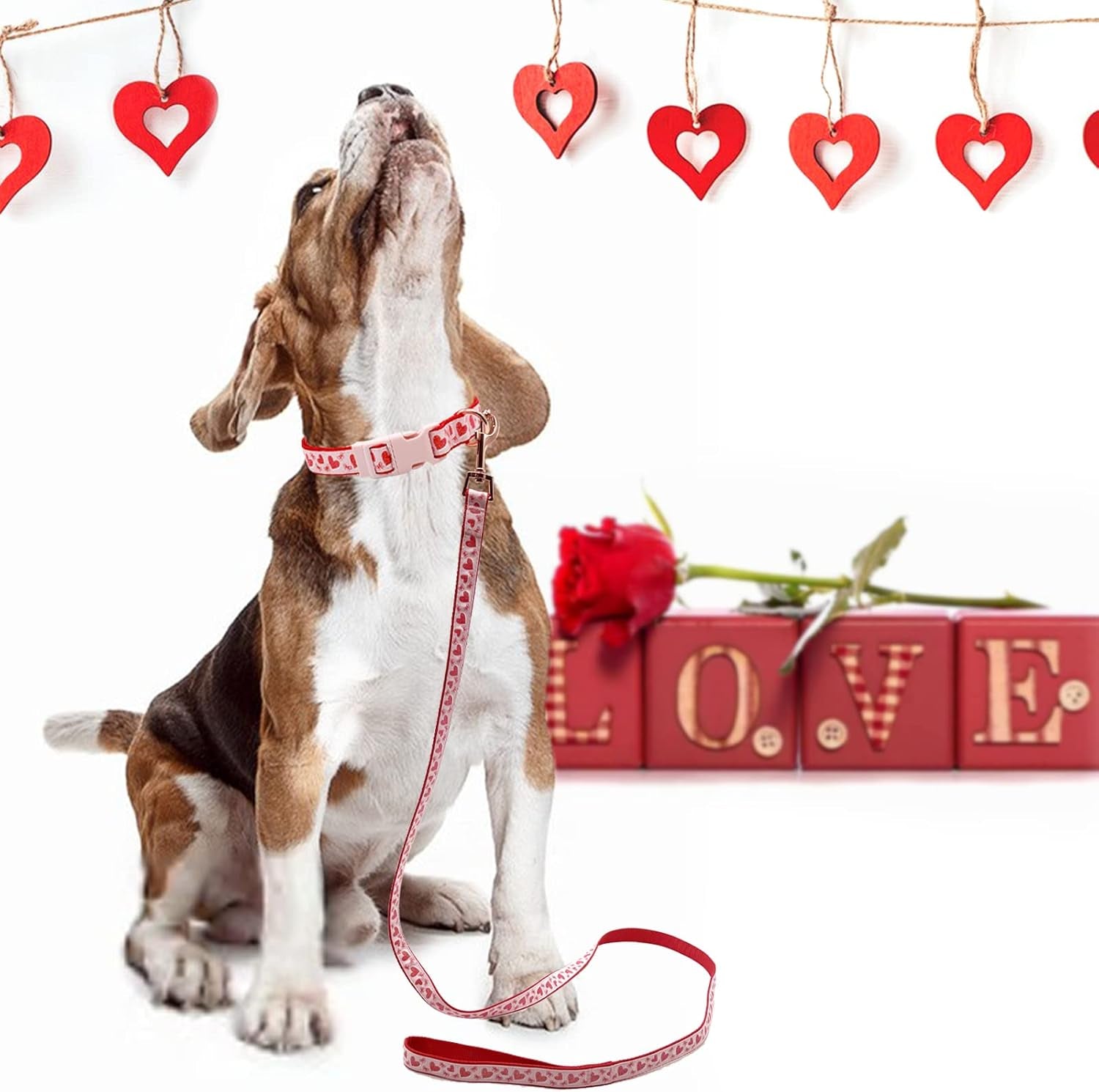Valentine'S Day Dog Collar and Leash Set, Adjustable Pink Dog Collar with Sparkly Red Hearts Matching Leash Valentines Day Gifts for Large Dogs