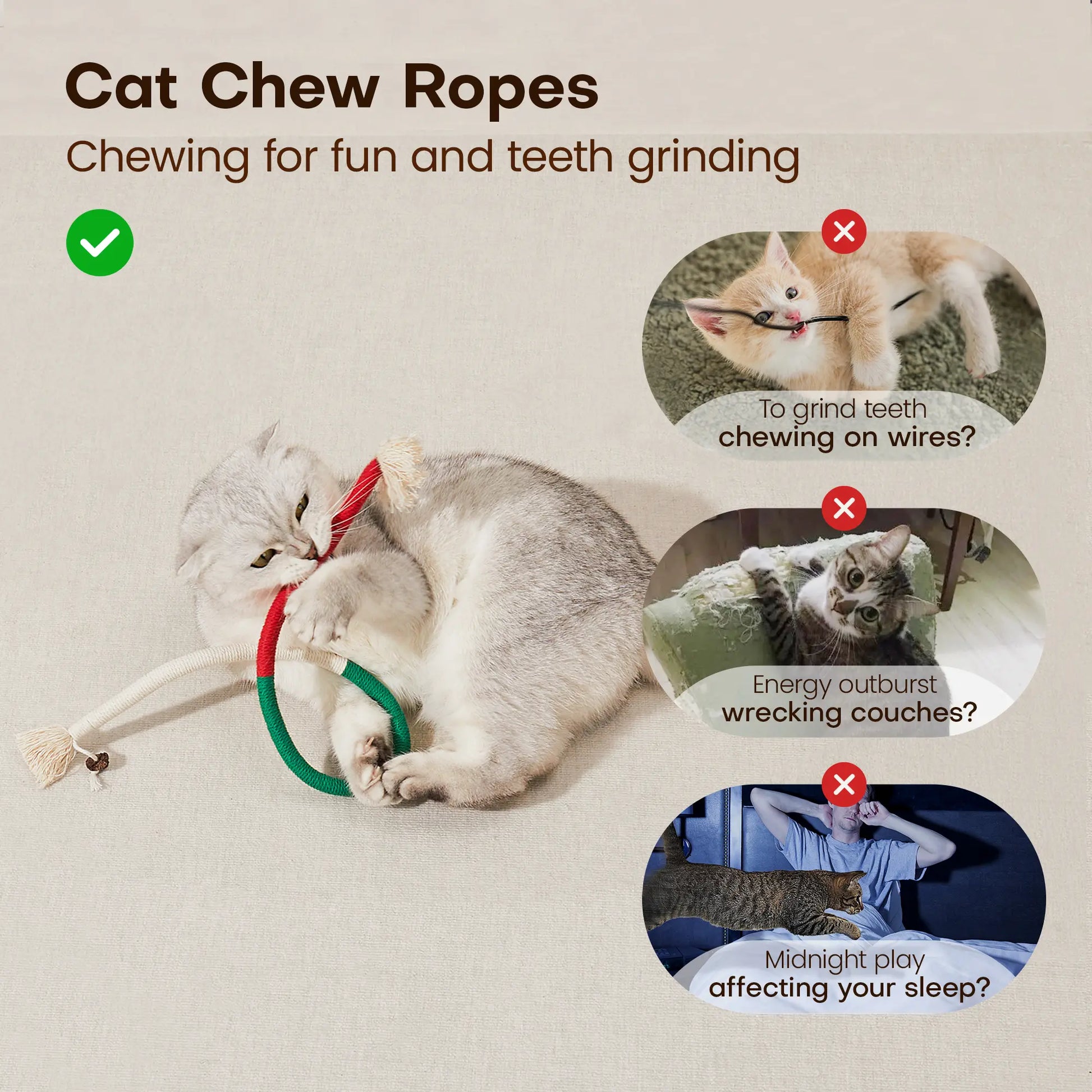 Potaroma 3-Pack Organic Cotton Snake Shape Interactive Cat Chew Ropes - Dental Care Toys for Indoor Kittens, Calming, Fights Tartar, Fresh Breath, Encourages Indoor Play, Tartar Fight Help, Keeps Breath Fresh,Back to School